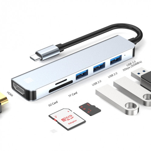 JUNSUNMAY 6 en 1 Type-C vers 4K Adaptateur de station d'accueil HDMI Hub USB-C Lecteur de carte SD/TF SJ0402659-38