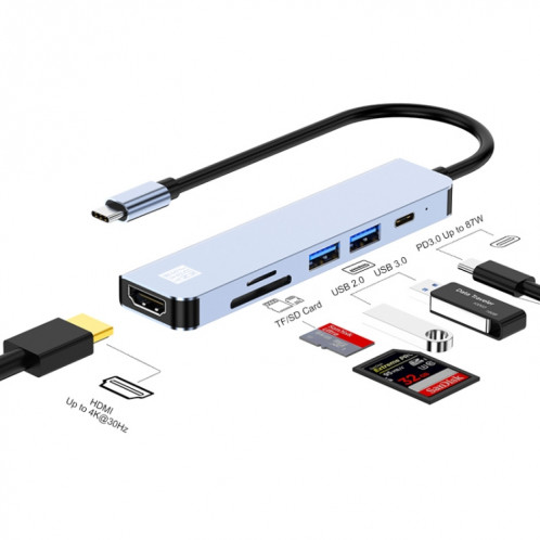 JUNSUNMAY 6 en 1 Type-C vers 4K Adaptateur de station d'accueil HDMI USB-C PD Hub de charge rapide Lecteur de carte SD / TF SJ04031323-39