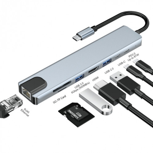 JUNSUNMAY 8 en 1 Type-C vers 4K HDMI/Ethernet Adaptateur de station d'accueil PD Hub de charge rapide Lecteur de carte SD/TF SJ04281653-37
