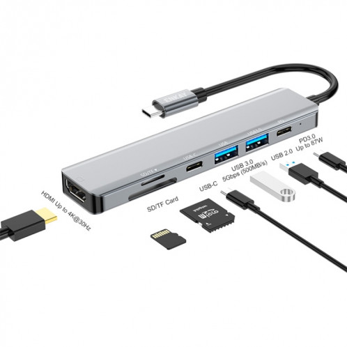 ENKAY Hat-Prince Adaptateur de station d'accueil HDMI 7 en 1 Type-C vers 4K PD Hub de charge rapide SE0630270-38