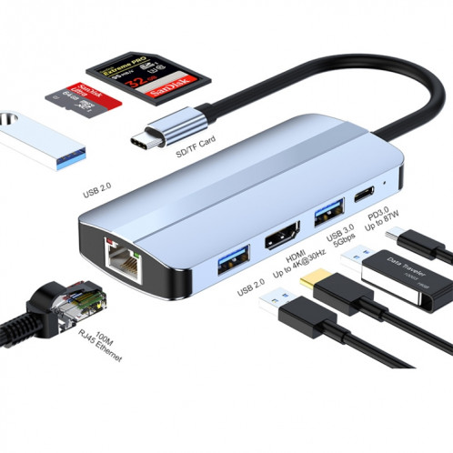 JUNSUNMAY 8 en 1 Type-C vers 4K HDMI + RJ45 Adaptateur de station d'accueil pour concentrateur Ethernet SJ0776647-38