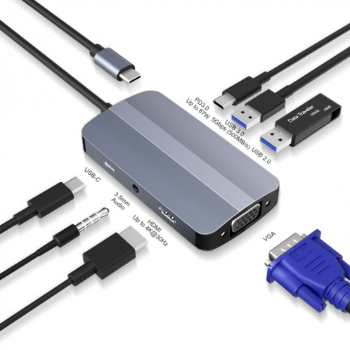 JUNSUNMAY 7 en 1 Type-C vers 4K HDMI + VGA + Adaptateur de station d'accueil audio 3,5 mm PD Hub de charge rapide SJ077881-37