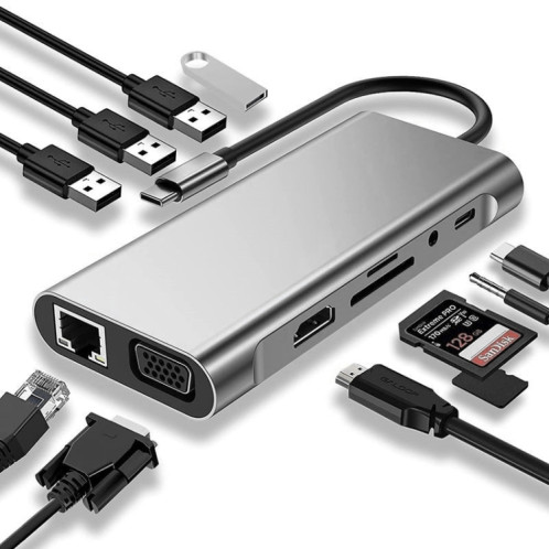 HUB USB C, Adaptateur USB C 11 en 1 Dongle avec 4K HDMI, VGA, Type C PD, USB3.0, Ethernet RJ45, Lecteur de carte SD/TF, AUX 3,5 mm, Station d'accueil compatible avec MacBook Pro/Air, Autre Type CAppareils portables SH0851362-311