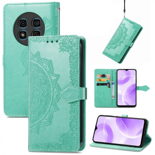 Pour Ulefone Note 15 Étui de téléphone en cuir gaufré avec fleur de mandala (vert) SH301F191-36
