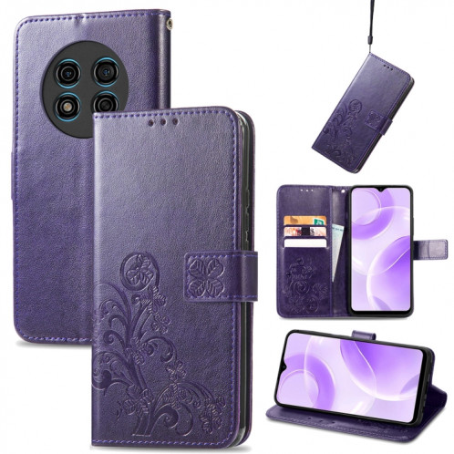 Pour Ulefone Note 15 Étui de téléphone en cuir à boucle en relief avec fermoir à quatre feuilles (violet) SH101E1599-35
