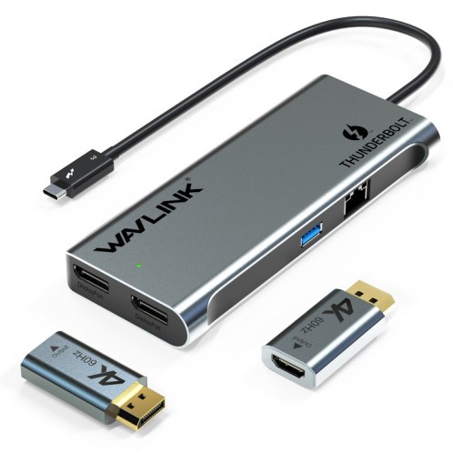 WAVLINK WL-UTD05H Thunderbolt 3 double mini convertisseur de station d'accueil 4K avec 2 adaptateurs DP vers HD SW4662299-37