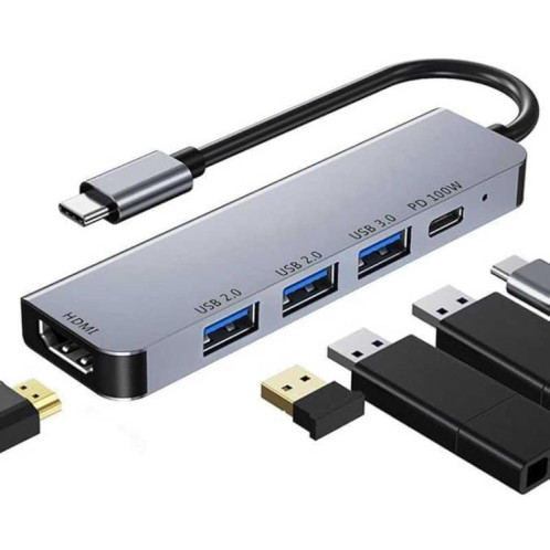 Adaptateur de concentrateur multiport Type-C vers HDMI, concentrateur USB C 5 en 1 avec écran HDMI 4K, USB 3.0, charge PD 100 W SH8118522-36
