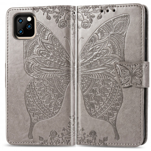 Papillon Love Flowers Étui à rabat horizontal en cuir Flip pour iPhone 11 Pro Max avec titulaire et fentes pour cartes et porte-monnaie et lanière (Gris) SH801C1830-317