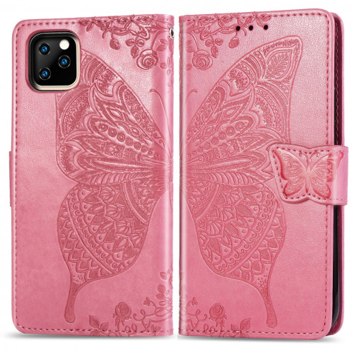 Papillon Love Flowers Étui en cuir Flip horizontal gaufrage pour iPhone 11 Pro Max avec titulaire et fentes pour cartes et porte-monnaie et lanière (Rose) SH801G580-317