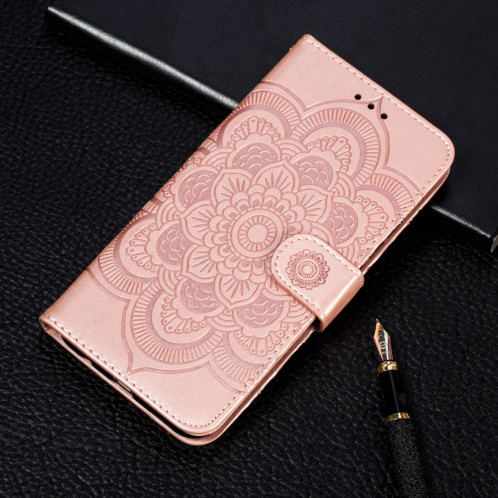 Etui à rabat horizontal en cuir Mandala avec motif gaufrage pour iPhone 11 Pro Max, avec support et logements pour cartes, portefeuille et cadre photo et lanière (or rose) SH601A1398-37