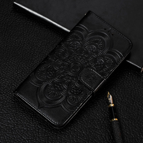 Etui à rabat horizontal en cuir Mandala avec motif gaufrage pour iPhone 11 Pro Max, avec support et logements pour cartes, portefeuille et cadre photo et lanière (Noir) SH601B469-37