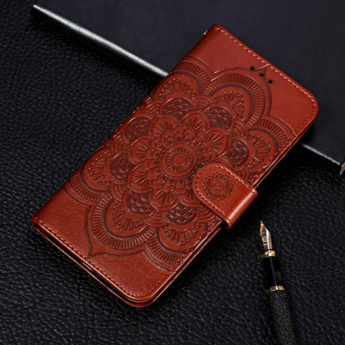 Etui à rabat horizontal en cuir Mandala avec motif gaufrage pour iPhone 11 Pro Max, avec support et logements pour cartes, portefeuille et cadre photo et lanière (Marron) SH601C1462-37