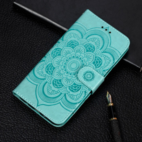 Etui à rabat horizontal en cuir Mandala avec motif gaufrage pour iPhone 11 Pro Max, avec support et logements pour cartes, portefeuille et cadre photo et lanière (vert) SH601E1056-37