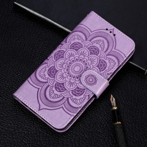 Etui à rabat horizontal en cuir Mandala avec motif gaufrage pour iPhone 11 Pro Max, avec support et logements pour cartes, portefeuille et cadre photo et lanière (violet) SH601F1543-38
