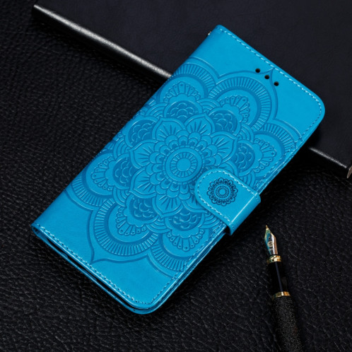 Etui à rabat horizontal en cuir Mandala avec motif gaufrage pour iPhone 11 Pro Max, avec support et logements pour cartes, portefeuille et cadre photo et lanière (bleu) SH601H1611-37