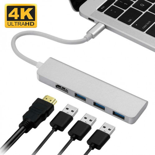Hub USB-C, adaptateur de type C vers HDMI, 3 USB 3.0, Dongle USB C en aluminium portable pour MacBook Pro 2018/2017/2016 Chromebook Pixel, DELL XPS13 SH43811570-310