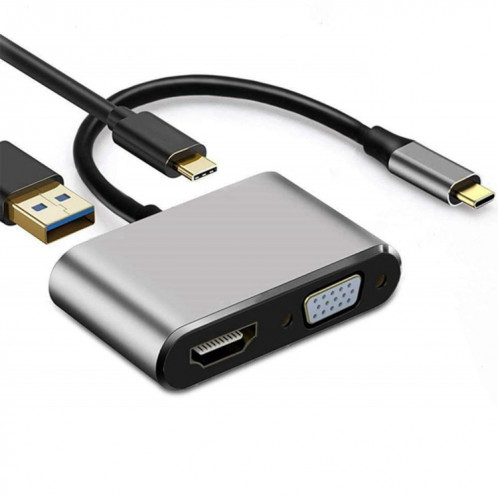 Adaptateur USB C vers HDMI VGA 4K Adaptateur 4 en 1 Type C Hub vers HDMI VGA Adaptateur multiport AV numérique USB 3.0 avec port de chargement USB-C PD Compatible pour Nintendo Switch / Samsung / MacBook (Gris) SH601A964-321