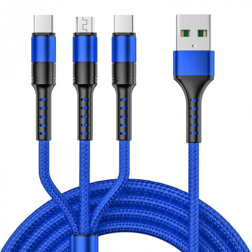 3 en 1 USB à Dual Type-C + Micro USB Câble de données de la synchronisation rapide, sortie: 3a (bleu) SH8504176-37
