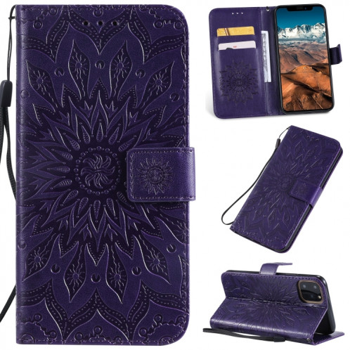 Étui en cuir PU avec empreinte horizontale à motif de tournesol pour iPhone 11 Pro Max, avec support et emplacements pour cartes, ainsi que portefeuille et lanière SH681P356-39