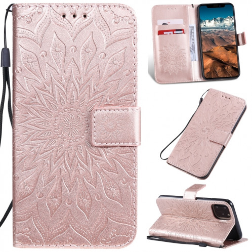 Étui en cuir PU avec empreinte horizontale à motif de tournesol pour iPhone 11 Pro Max, avec support et emplacements pour cartes, ainsi que portefeuille et lanière SH81RG1771-39