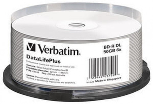 1x25 Verbatim BD-R Blu-Ray 50GB 6x Speed printable cakebox 488810-32