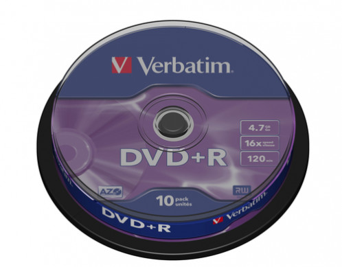 1x10 Verbatim DVD+R 4,7GB 16x Speed, boîtier argent mat 724491-33