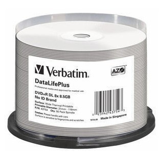 1x50 Verbatim DVD+R Double Layer 8x Speed 8,5GB thermique imprim. 178411-32