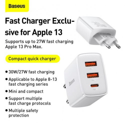 Baseus Travel Charger Compact Quick Charger U+U+C PD3.0, QC 3.0 30W EU White (CCXJ-E02) DA91562-315