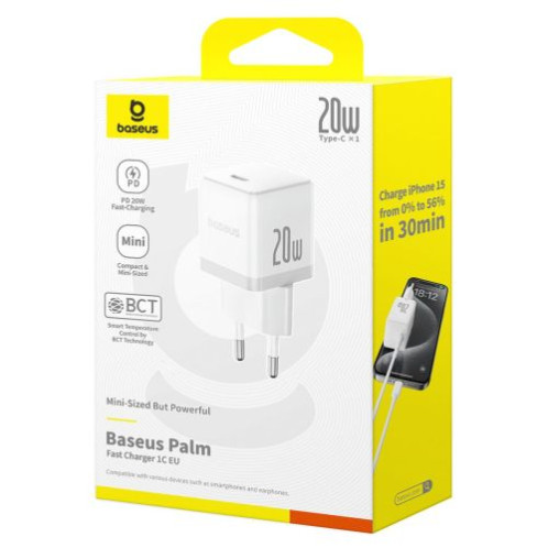 Baseus Travel Charger Palm Series Type-C, PD 3.0, QC 3.0, 20W, White EU (P10111602213-00) DA623528-31