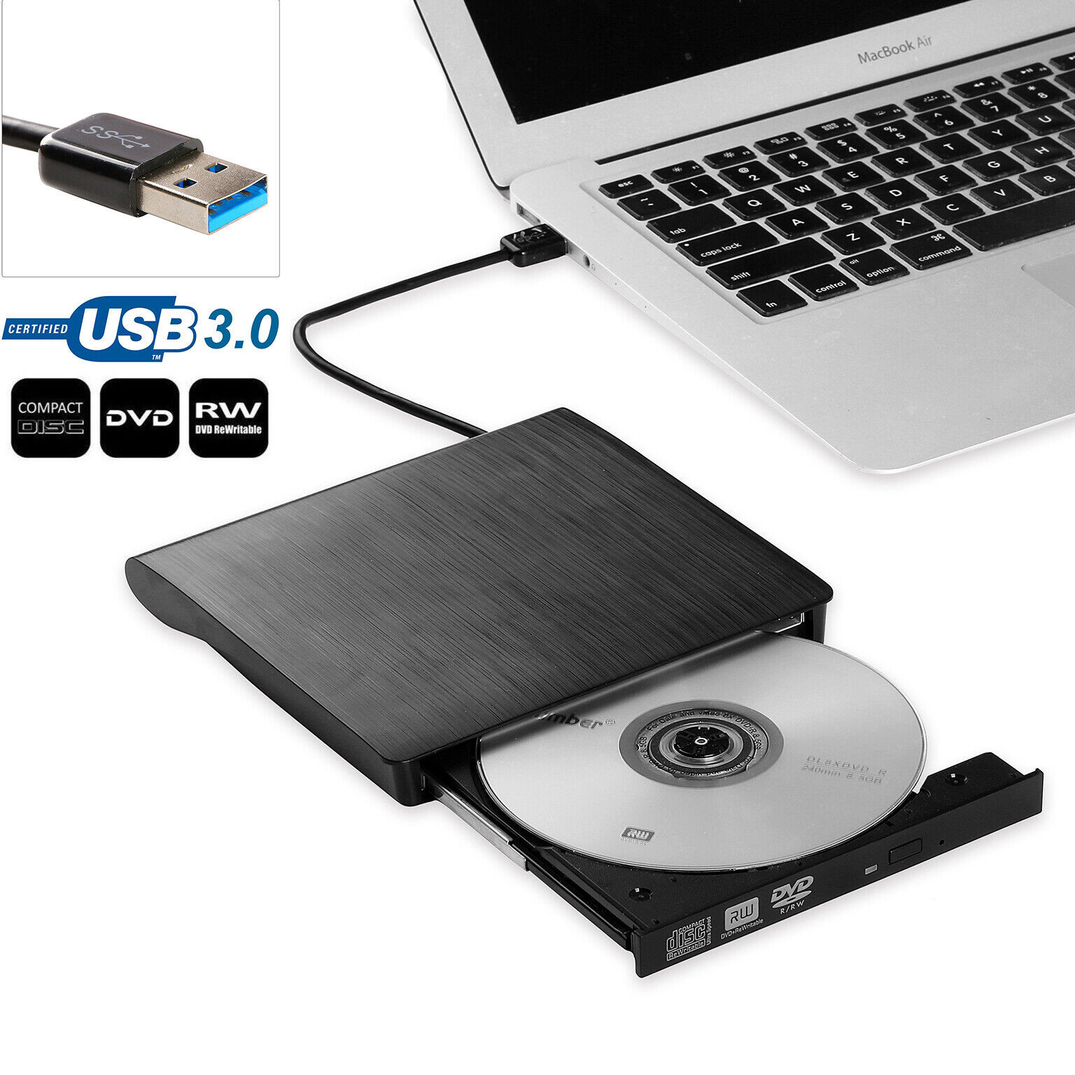 Lecteur de CD externe mince Portable USB 3.0, lecteur de CD DVD +/-RW ROM  graveur