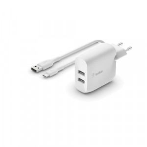Belkin Dual USB-A chargeur, 24W incl. USB-C câble 1m, blanc 528768-20