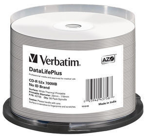 1x50 Verbatim CD-R 80/700MB 52x blanc large thermique imprimable 178789-20