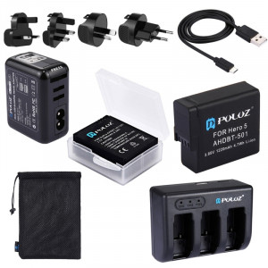 PULUZ 5 en 1 AHDBT-501 3.85V 1220mAh Batterie + AHDBT-501 Chargeur de batterie 3 canaux + Sac de stockage Mesh + Boîtier de stockage de batterie + 2 ports USB 5V (2.1A + 2.1A) Kit de chargeur mural pour GoPro HERO5 SPKT358-20