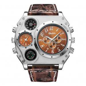 Oulm HP1349 Hommes Business Quartz Montre Élégant Bracelet En Cuir De Luxe Deux Fuseaux Horloge Montre Café C015339-20