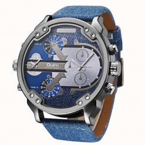 Montre en cuir de luxe élégant Oulm Men Business à deux fuseaux horaires Quartz Bleu Denim C9836841-20