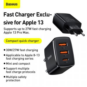 Baseus Travel Charger Compact Quick Charger U+U+C PD3.0, QC 3.0 30W EU Black (CCXJ-E01) DA897422-20