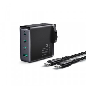 Joyroom Travel Charger GaN Fast Charger (UK) C+C+C+U, 140W, with Type-C to Type-C, PD 240W cable (1,2m) Black EU (JR-TCG05UK) DO2670100-20