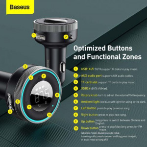Baseus Car Charger Bluetooth FM Transmitter Enjoy Car with LED display Wireless U+U+3,5mm audio+TF MP3 Charger BT 5.0, 3.4A Black (CCLH-01) DA980938-20