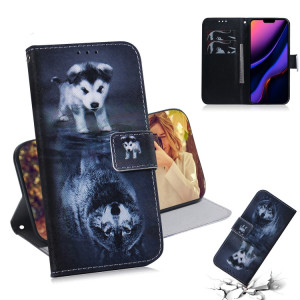 Étui en cuir à rabat horizontal avec dessin en couleur 3D, avec support et fente pour carte et portefeuille pour iPhone 11 Pro Max (loup et chien) SH902G381-20