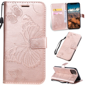 Étui en cuir PU avec motif de papillon pressé pour impression horizontale avec fentes pour cartes et porte-cartes ainsi que pour portefeuille et lanière pour iPhone 11 Pro Max (or rose) SH503H399-20