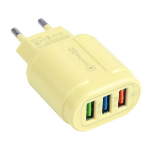 13-222 QC3.0 USB + 2.1A Dual USB Ports Macarons Chargeur de voyage, Fiche UE (Jaune) SH901D626-20