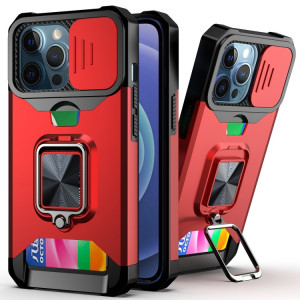 Cover Caméra coulissant Design PC + TPU Case antichoc avec porte-bague et emplacement de carte pour iPhone 13 Pro (rouge) SH703A673-20
