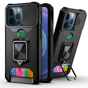 Cover Caméra coulissant Design PC + TPU Case antichoc avec porte-bague et emplacement de carte pour iPhone 13 Pro (Noir) SH703B1912-20