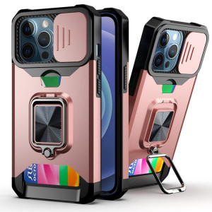 Coque de caméra coulissante design PC + TPU Case antichoc avec porte-bagues et emplacement de carte pour iPhone 13 Pro (Rose Gold) SH703C14-20