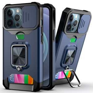 Cover Caméra coulissant Design PC + TPU Case antichoc avec porte-bague et emplacement de carte pour iPhone 13 Pro (Bleu) SH703F1184-20