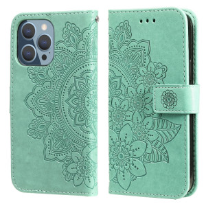 Fleurs 7-Pétales Motif de gaufrage Horizontal Flip PU Coque en cuir PU avec support et carte de portefeuille et cadre de portefeuille et photo pour iPhone 13 Pro (Vert) SH703C1946-20