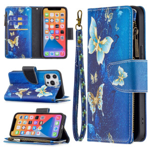 Dessin de couleur Modèle à fermeture éclair Horizontal Horizontal Flip Coating avec porte-carte et portefeuille pour iPhone 13 Pro (Butterfly d'or) SH103F930-20
