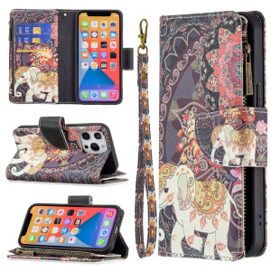 Dessin coloré Cadre à glissière à glissière Horizontal Flip Cuir Case avec porte-cartes et portefeuille pour iPhone 13 Pro (éléphants de fleurs) SH103J1240-20