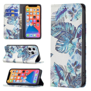 Modèle de dessin coloré Invisible Horizontal horizontal Flip PU Coque en cuir PU avec porte-cartes et portefeuille pour iPhone 13 Pro (feuilles bleues) SH203D397-20