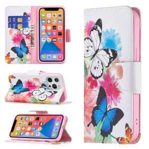 Motif de dessin coloré Horizontal Flip Cuir Coffret avec porte-cartes et portefeuille pour iPhone 13 mini (deux papillons) SH401E1907-20